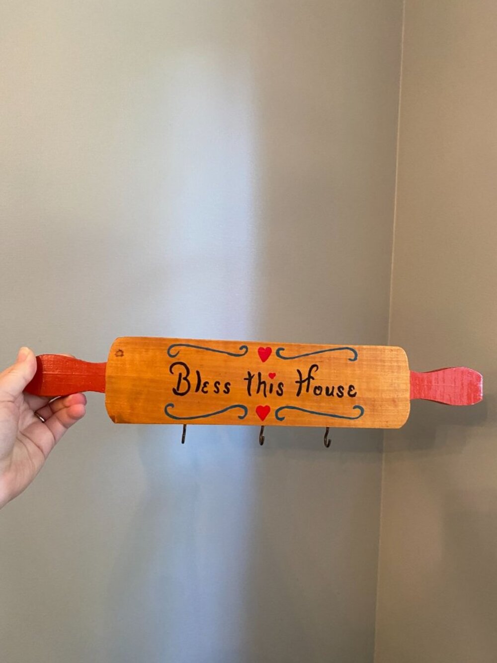 Vintage Hand painted Bless This House Decorative Wooden Rolling Pin Wall Hook 17
